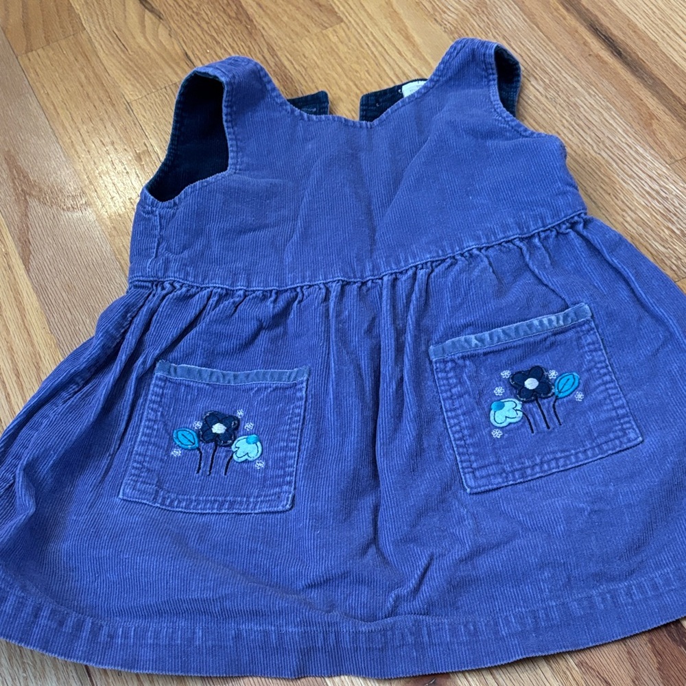 Girls Navy Corduroy Pocket Dress with Floral Appliqué